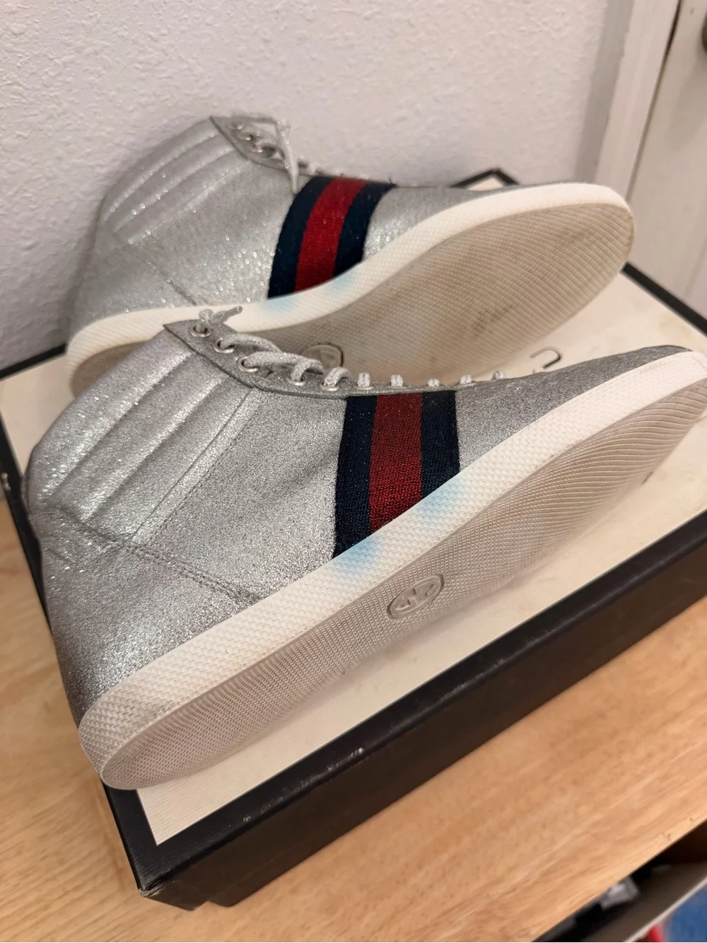 Gucci Silver High-Top unisex Sneakers with Red & Blue Stripe